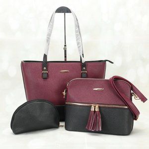 Women's Shoulder Tote Crossbody Bag & Pouch 3 Piece Set Medium Burgundy/Black